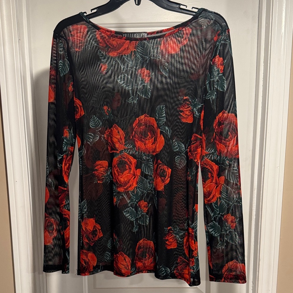Floral Mesh Long-Sleeve Top - Red Rose Print